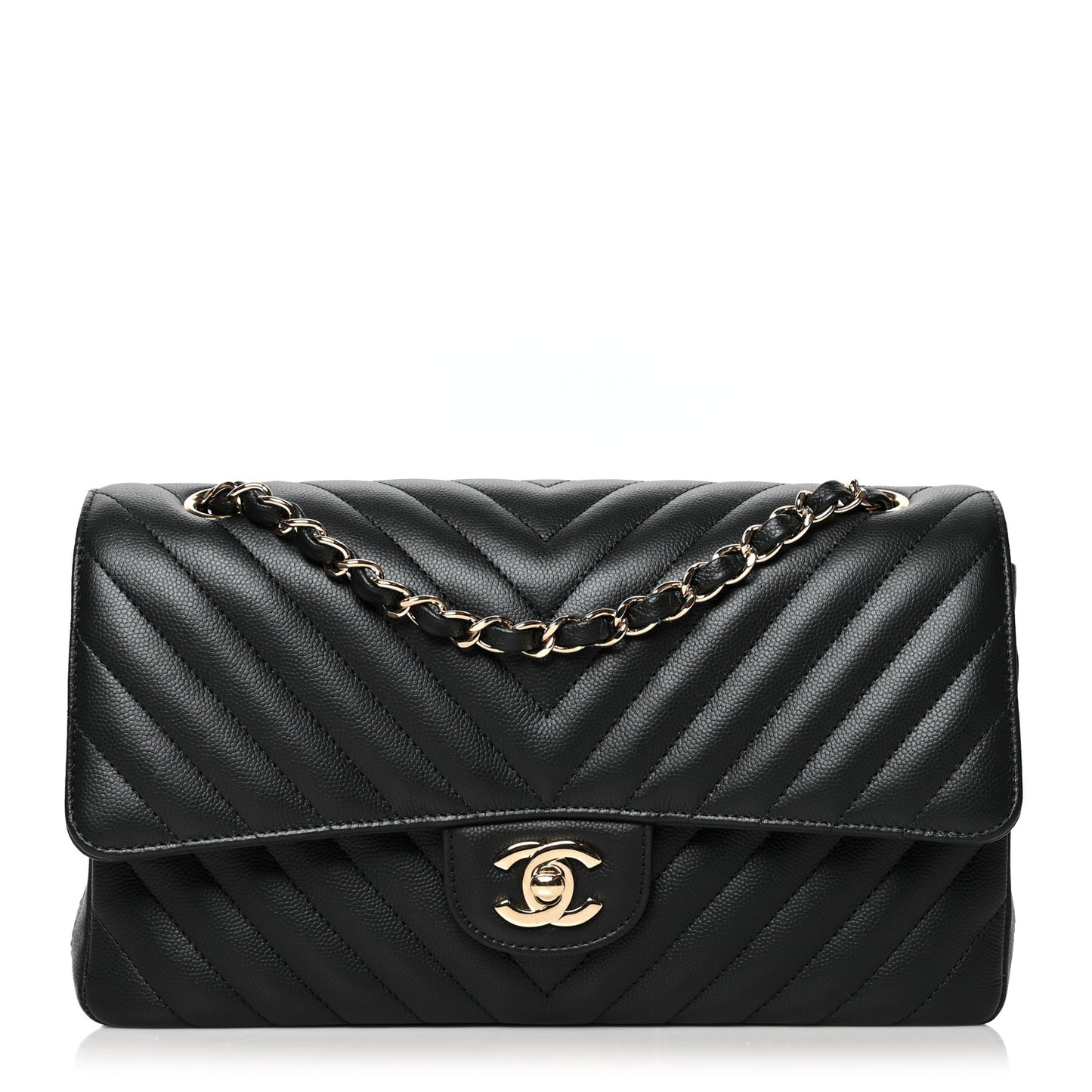 Caviar Chevron Quilted Medium Double Flap Black