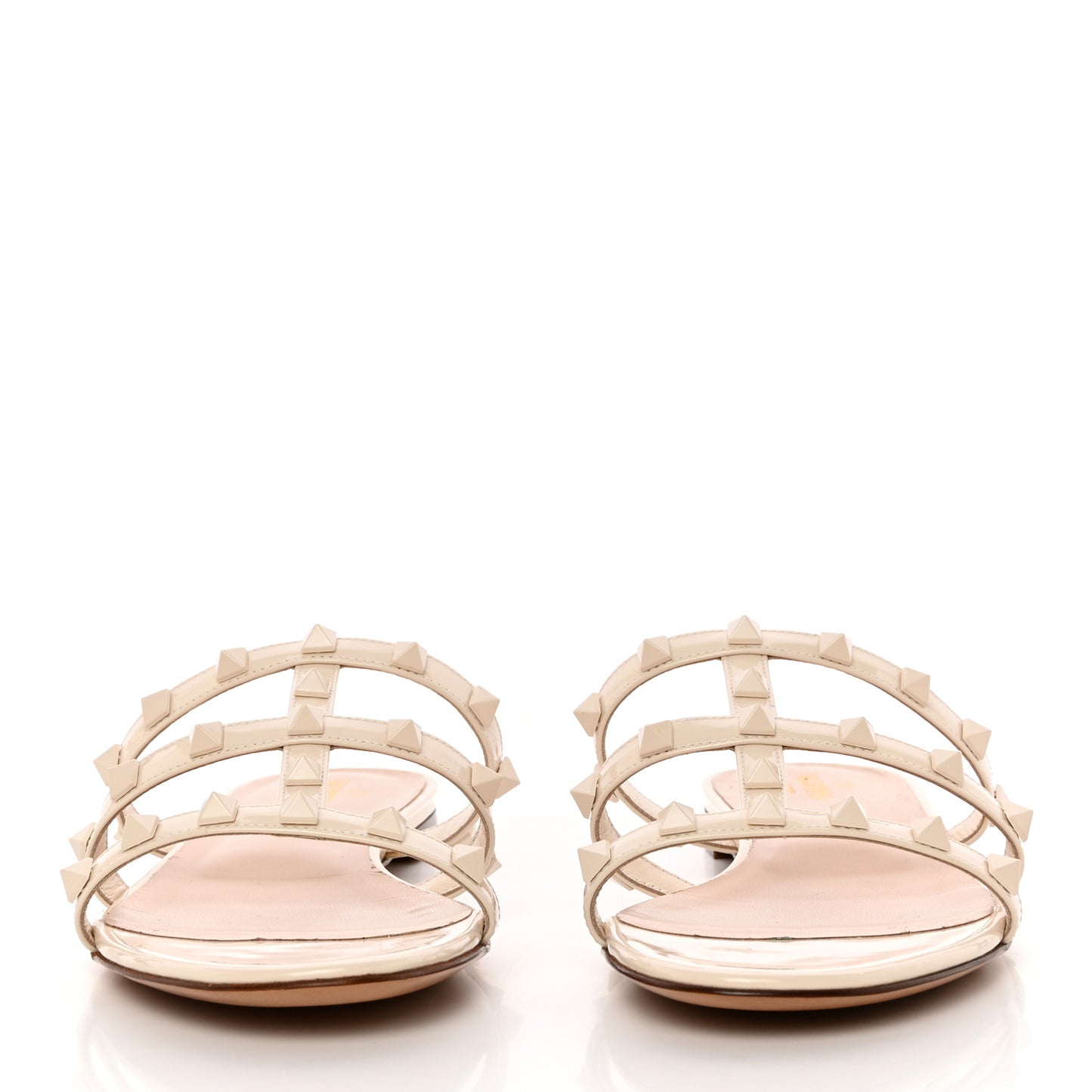 Calfskin Lacquered Monochrome Rockstud Caged Flat Slide Sandals 37.5 Ivory