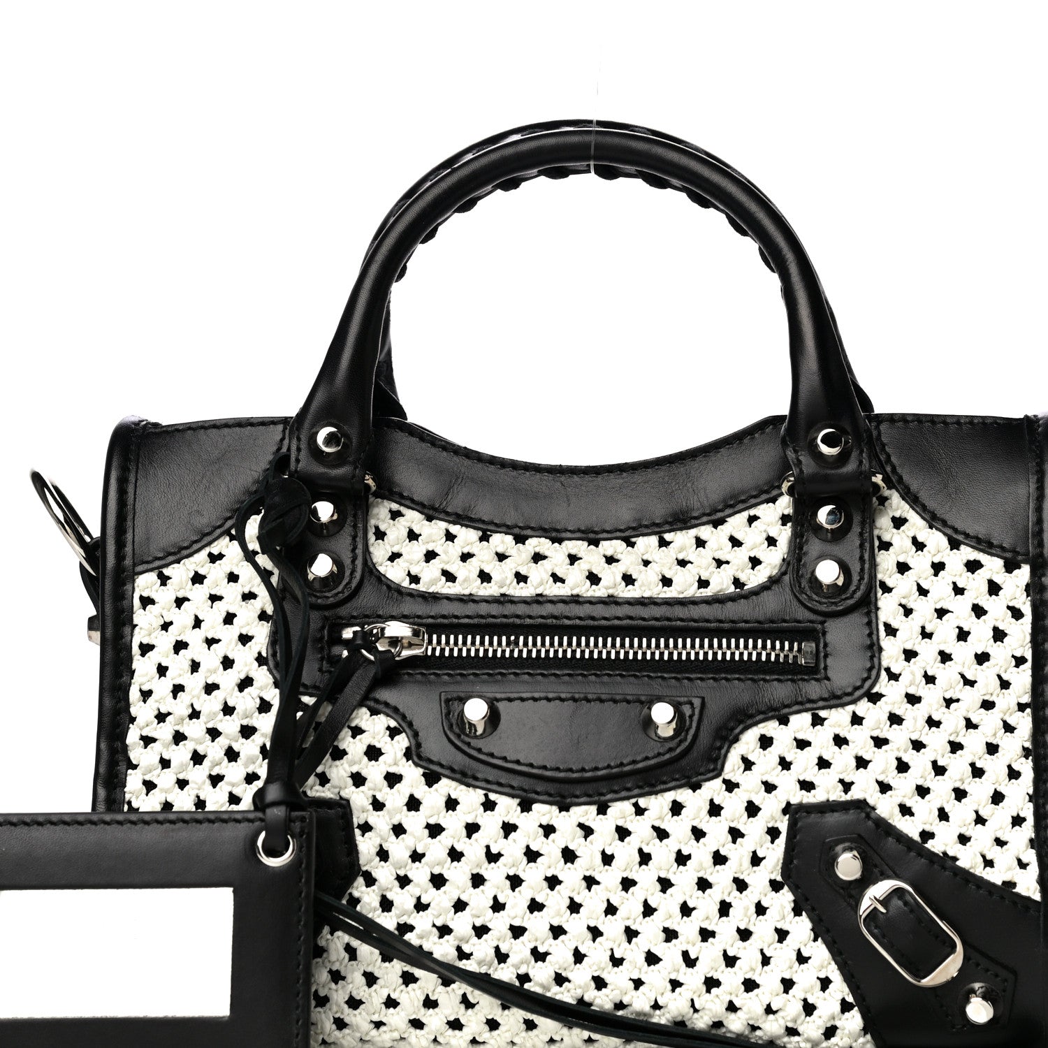 Balenciaga Calfskin Woven Nylon Mesh Classic Silver Hardware Mini City Black White 10 of 17