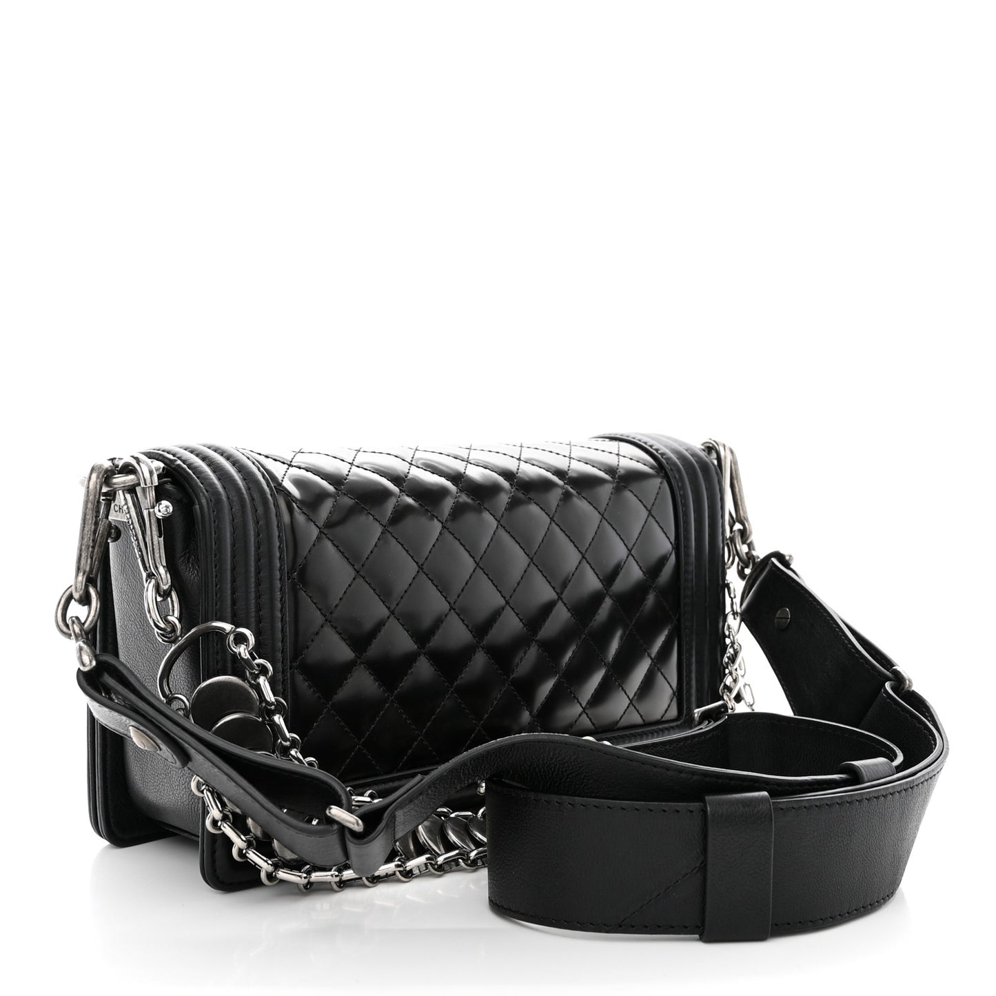 Patent Calfskin Quilted Paris Bombay Medallion Embellished Medium Boy Flap Black