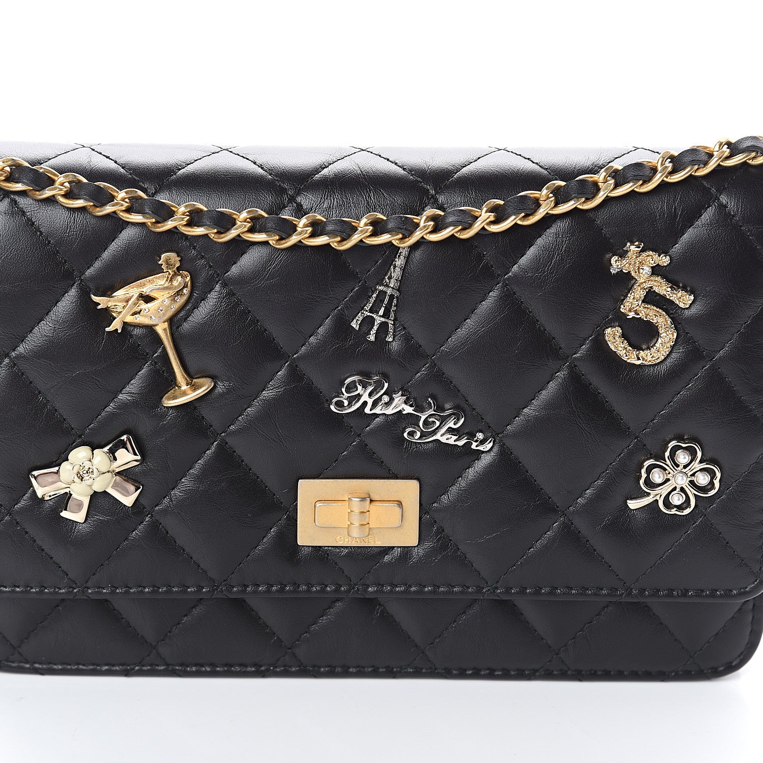 Chanel Aged Calfskin Quilted Lucky Charms 2.55 Reissue Wallet On Chain WOC Black 8 of 10