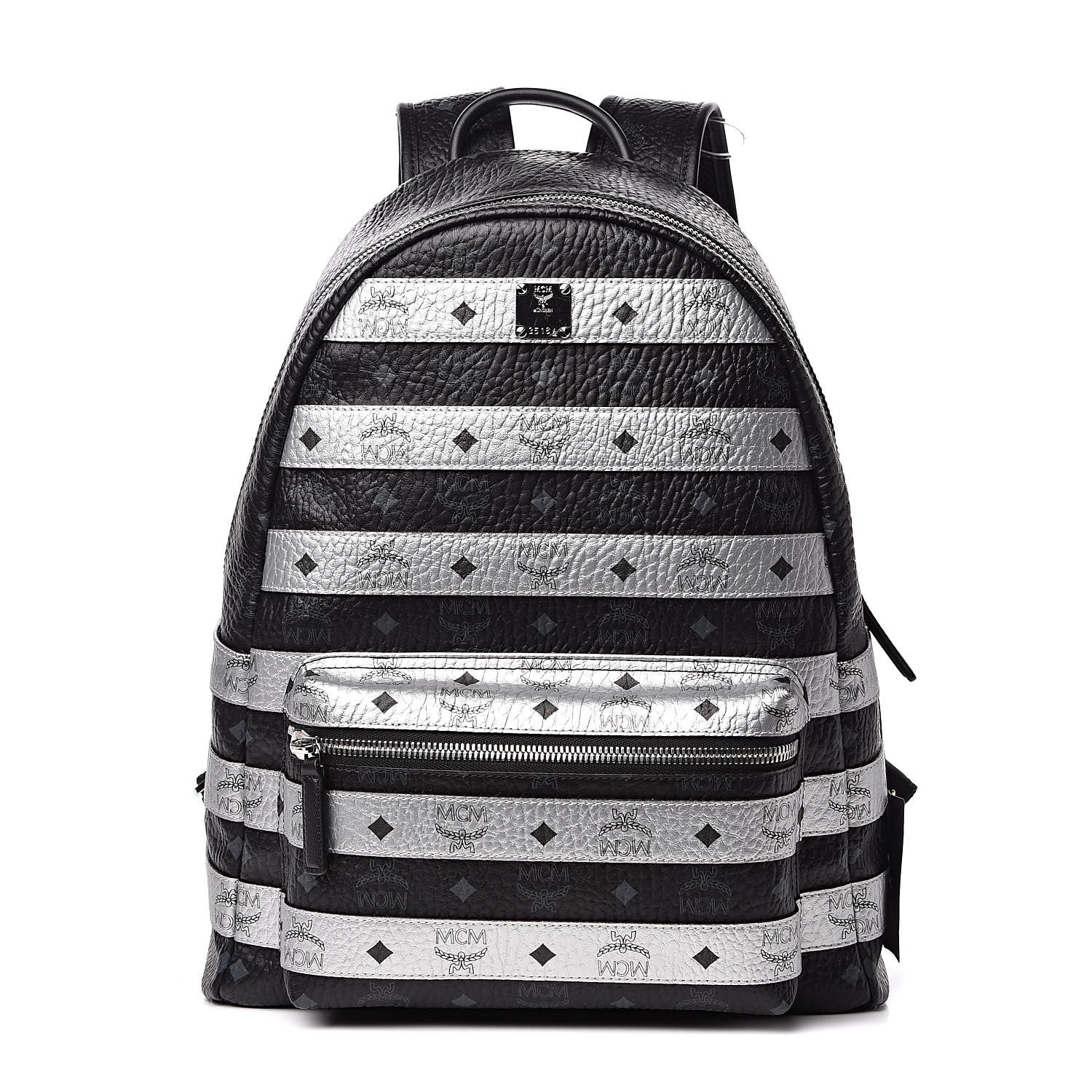 MCM Metallic Visetos Striped Medium Stark Backpack Silver Black 1 of 10