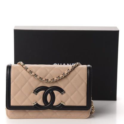 Chanel Caviar Quilted CC Filigree Wallet On Chain WOC Beige Black 12 of 12