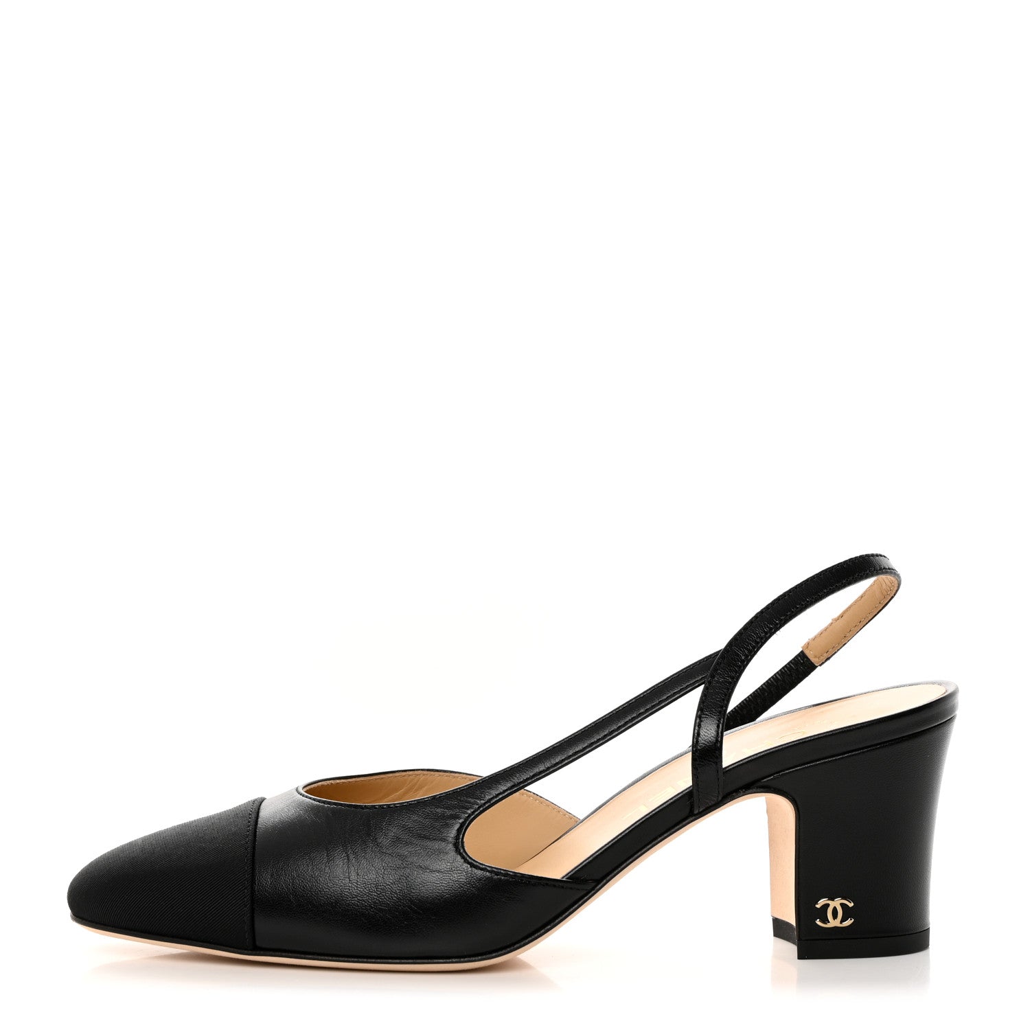 Chanel Goatskin Grosgrain Cap Toe CC Slingback Sandals 38 Black 1 of 9