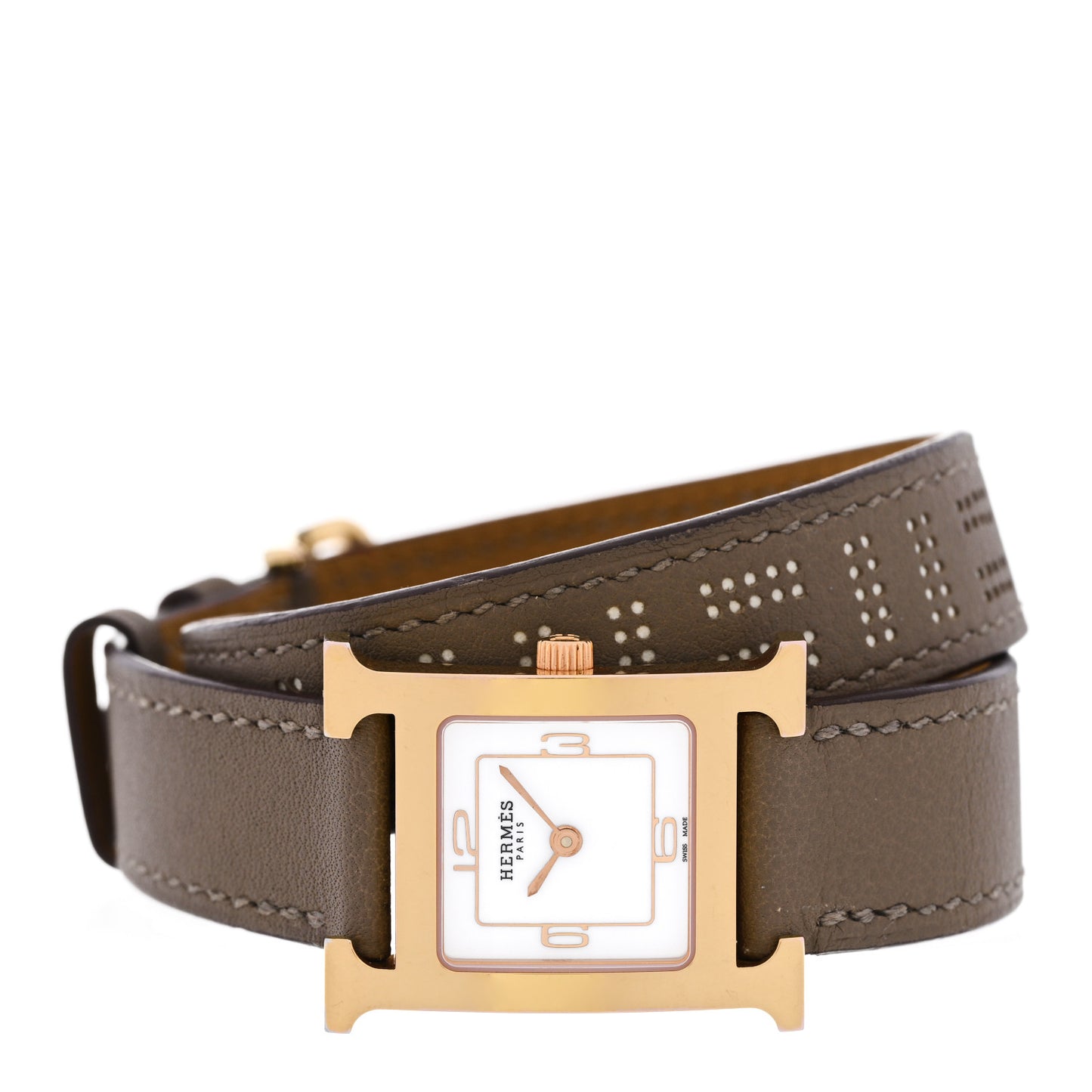 Stainless Steel Swift 21mm Heure H Hour Perforated Double Tour Quartz Watch Etoupe