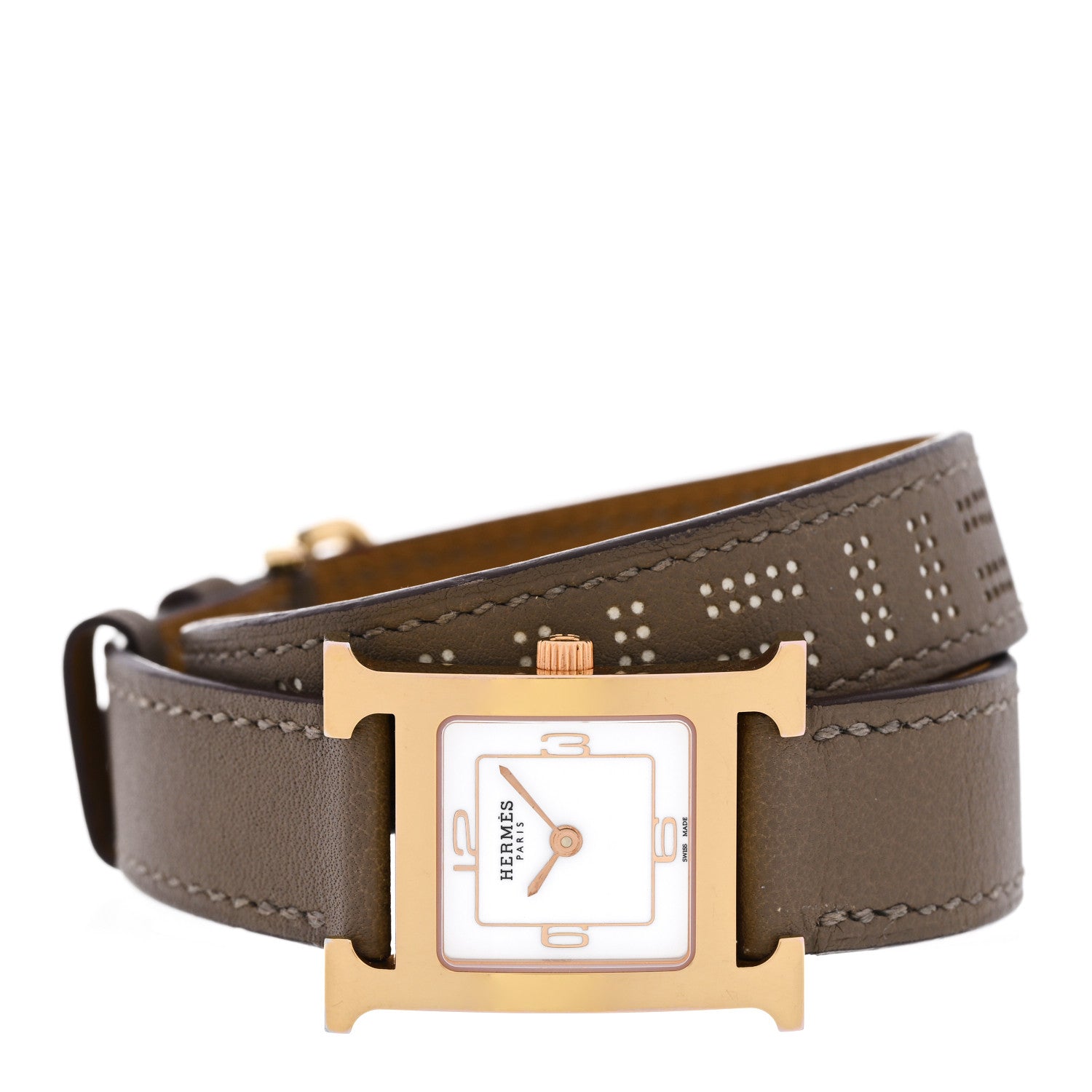 Hermes Stainless Steel Swift 21mm Heure H Hour Perforated Double Tour Quartz Watch Etoupe 2 of 4