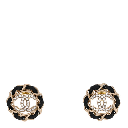 Chanel Crystal Lambskin Chain CC Stud Earrings Black Gold 1 of 5