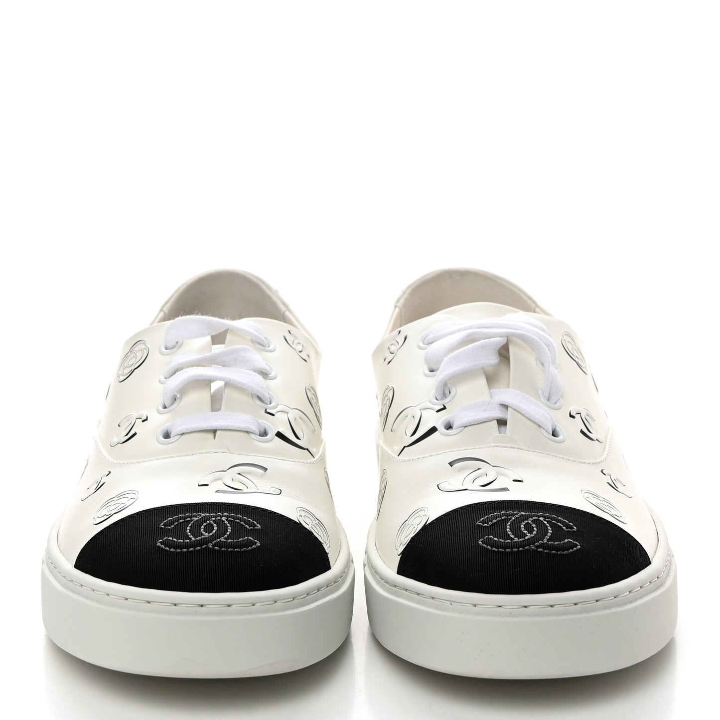 Printed Calfskin Grosgrain CC Sneakers 39 White Black