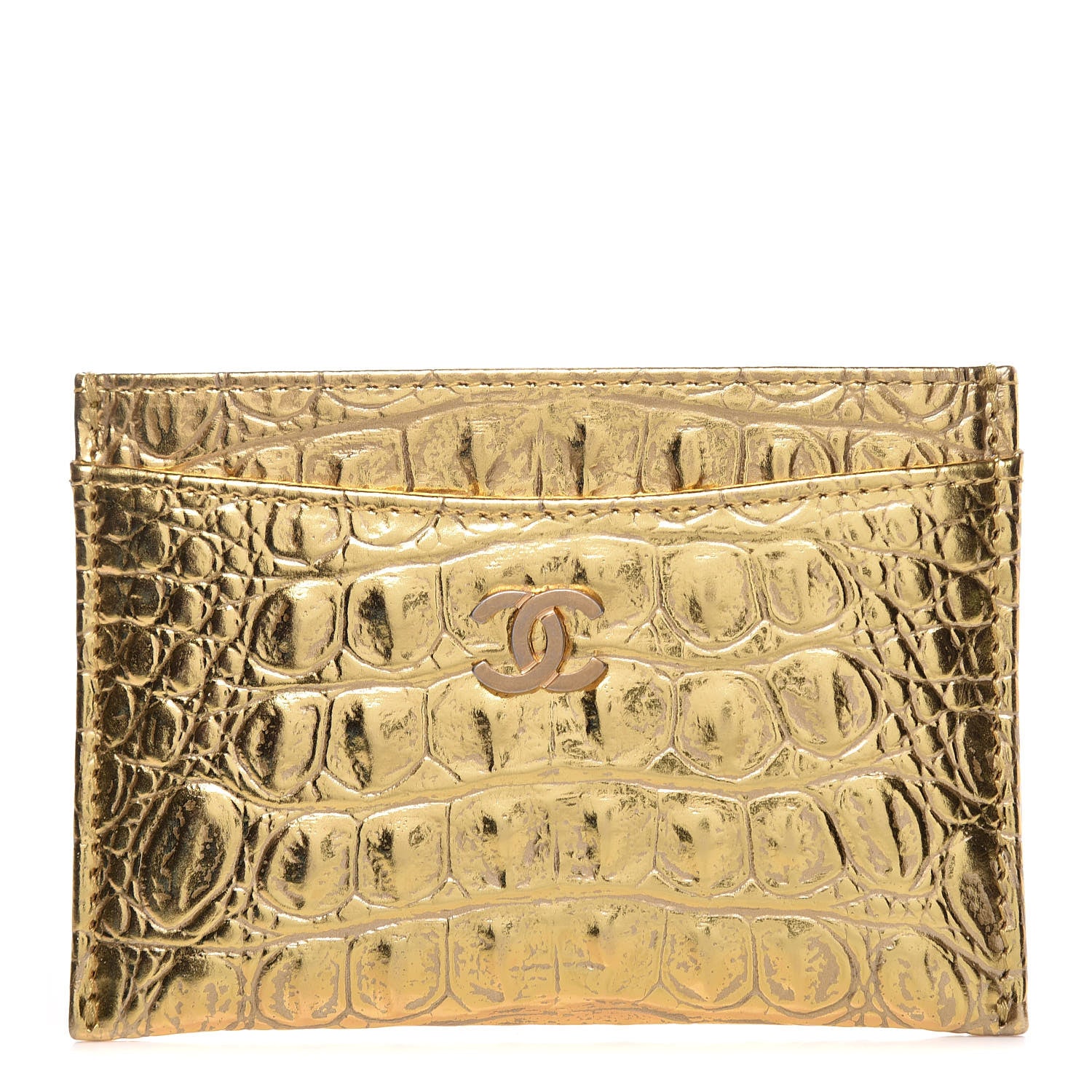 Chanel Metallic Calfskin Crocodile Embossed Cocodile Card Holder Gold 1 of 9