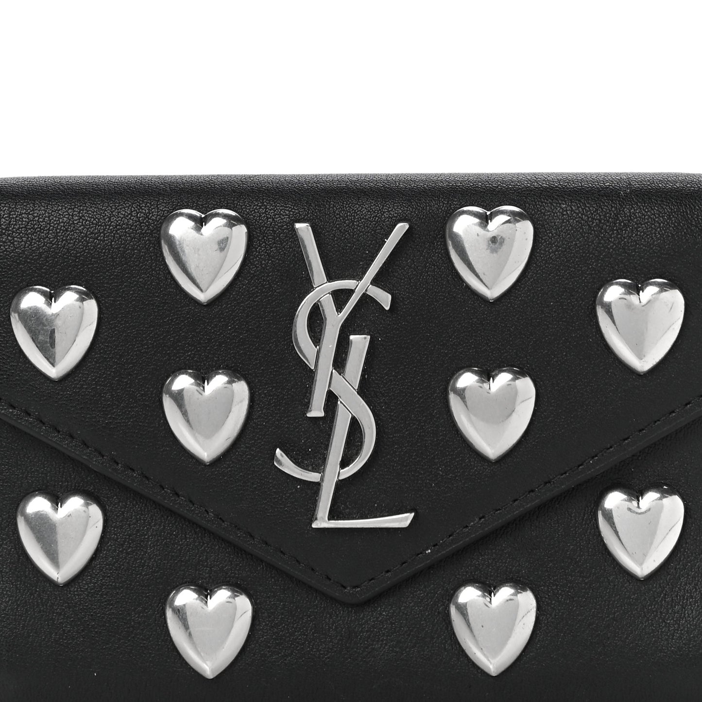 Calfskin Heart Studded Small Envelope Wallet Black
