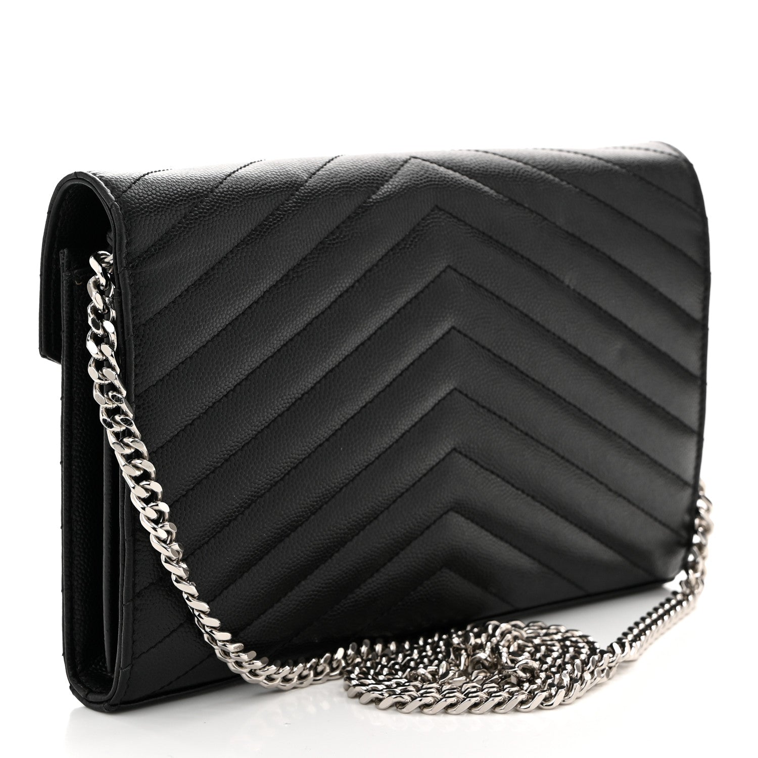 Saint Laurent Grain De Poudre Matelasse Chevron Monogram Chain Wallet Black 3 of 10
