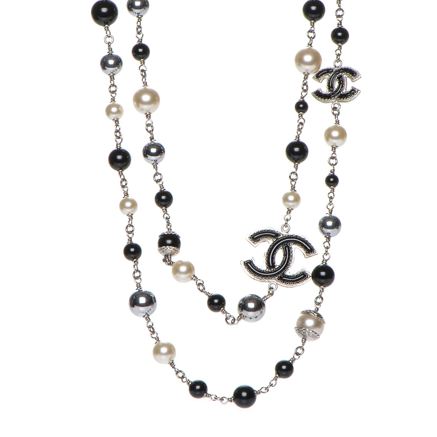 Pearl Bead Enamel CC Long Necklace Silver Black Grey