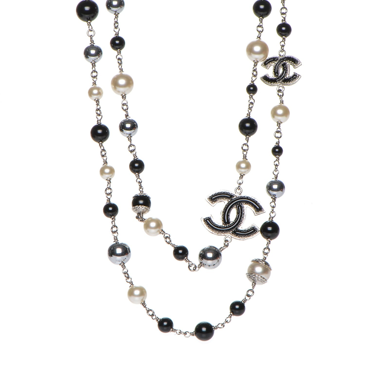 Chanel Pearl Bead Enamel CC Long Necklace Silver Black Grey 1 of 6