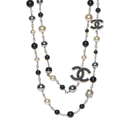 Chanel Pearl Bead Enamel CC Long Necklace Silver Black Grey 1 of 6