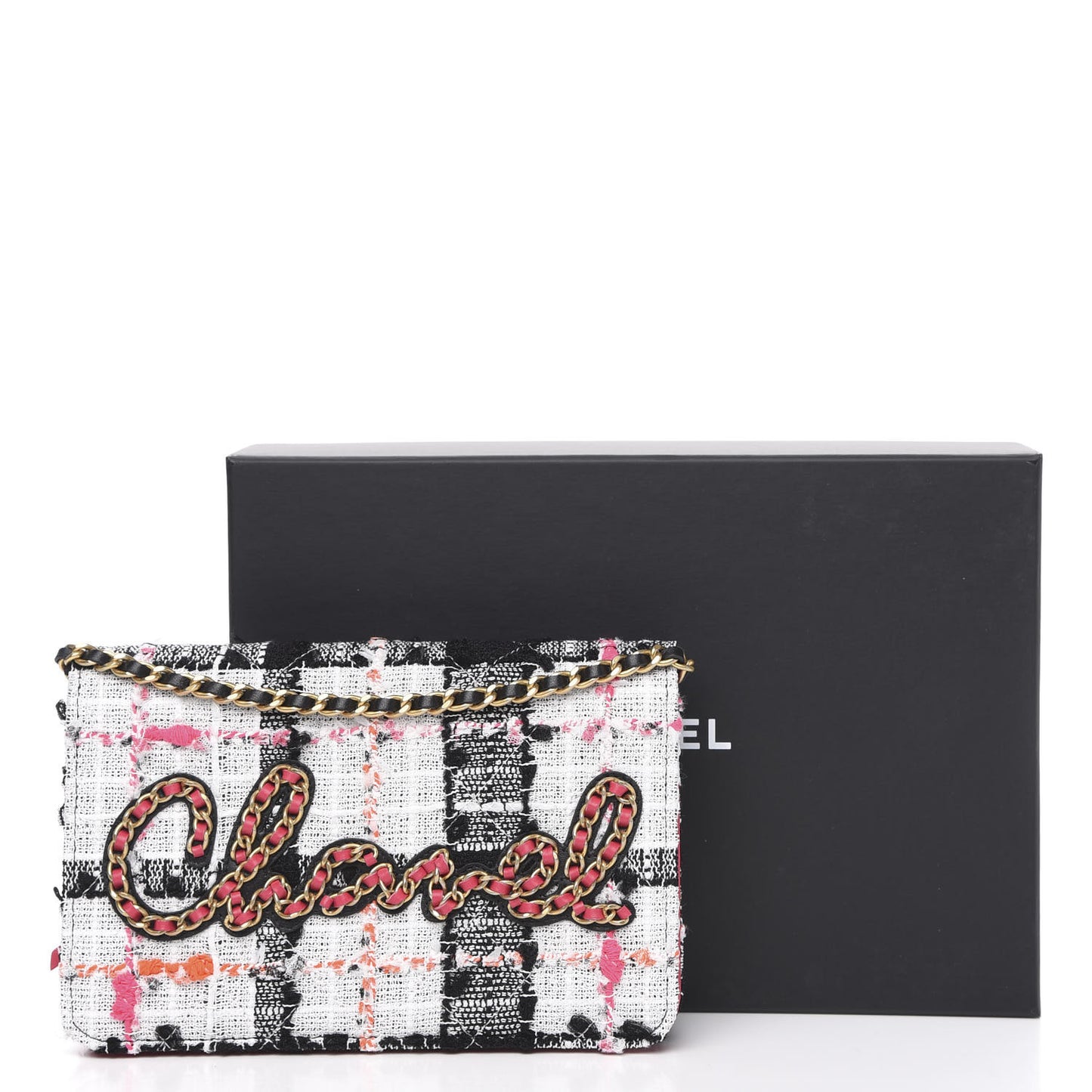 Tweed Calfskin Signe Wallet On Chain WOC Black Pink Orange