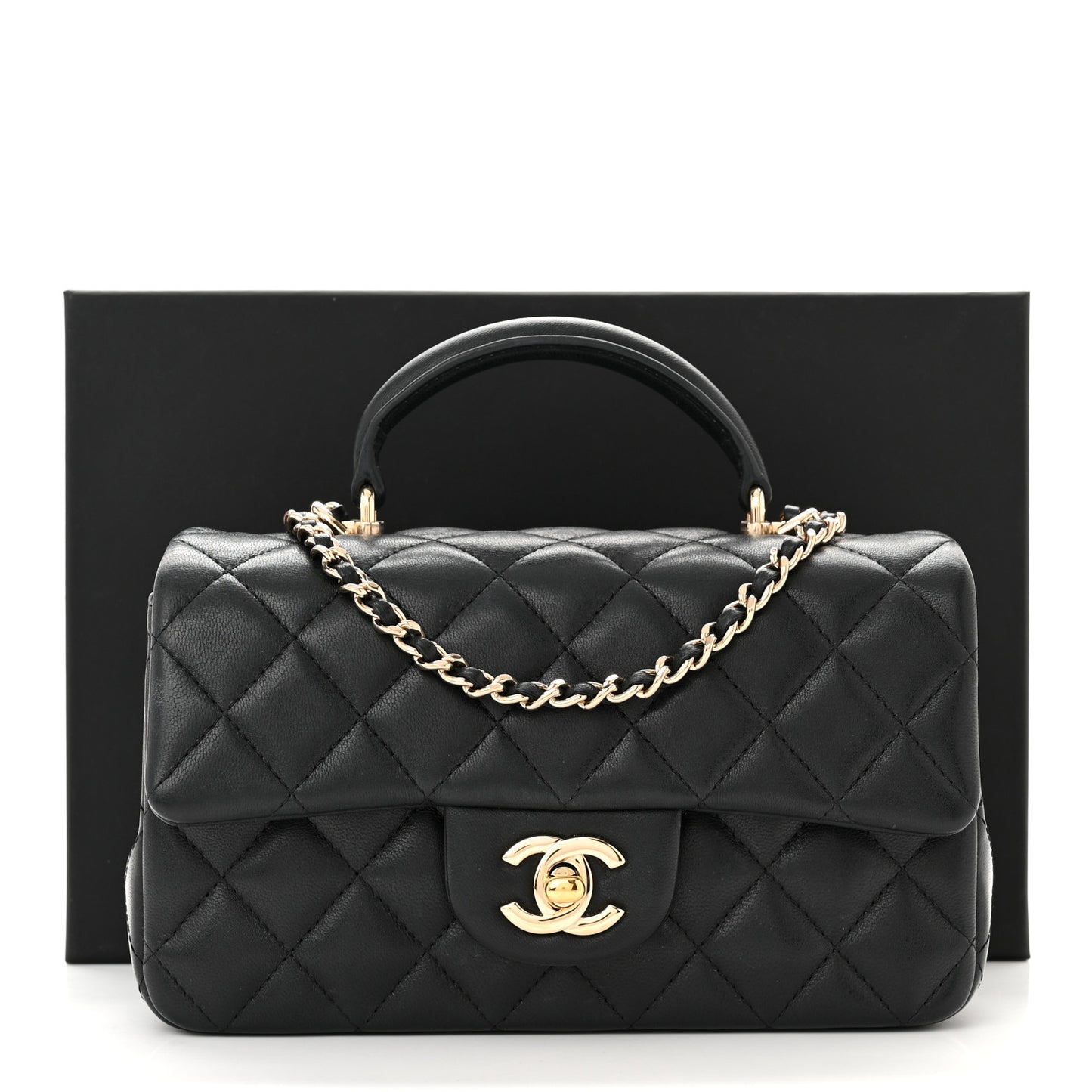 Lambskin Quilted Mini Top Handle Rectangular Flap Black