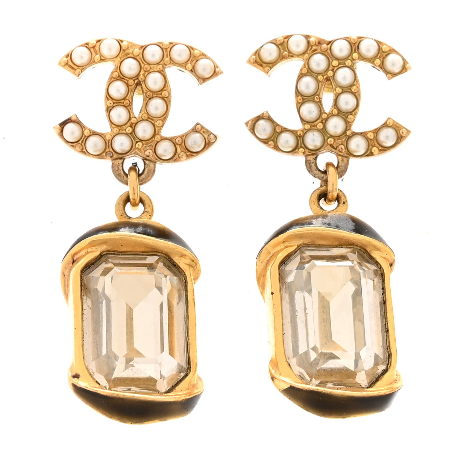 Chanel Crystal Pearl CC Drop Earrings Gold White 2 of 10