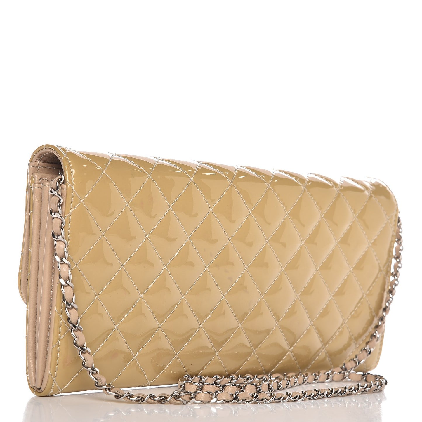 Patent Calfskin Quilted Brilliant East West Flap Clutch Beige