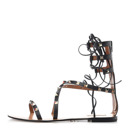 Valentino Garavani Calfskin Rockstud Gladiator Flat Sandals 40 Black 1 of 9