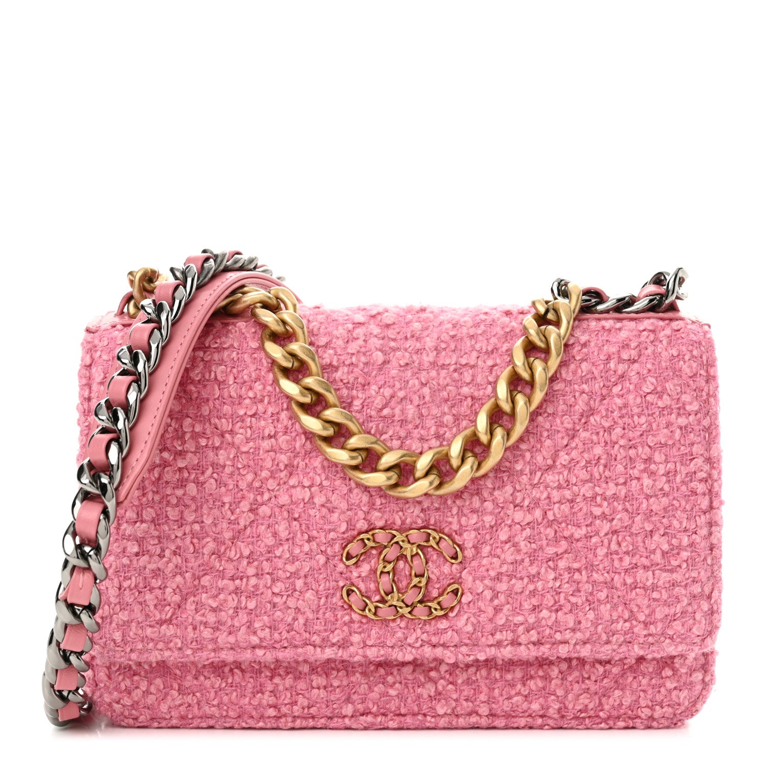 Chanel Wool Tweed Lambskin Quilted Chanel 19 Wallet On Chain WOC Pink 1 of 13