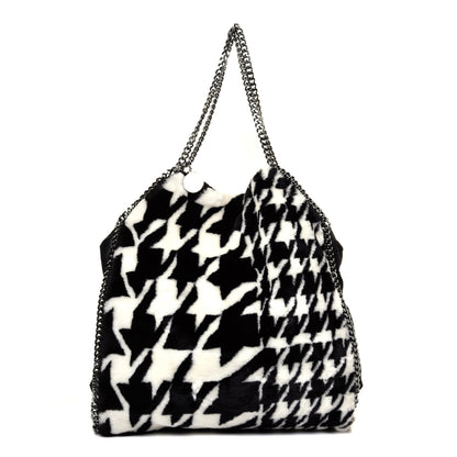 Stella McCartney Eco Fur Houndstooth Big Falabella Fold Over Tote Black White 1 of 10
