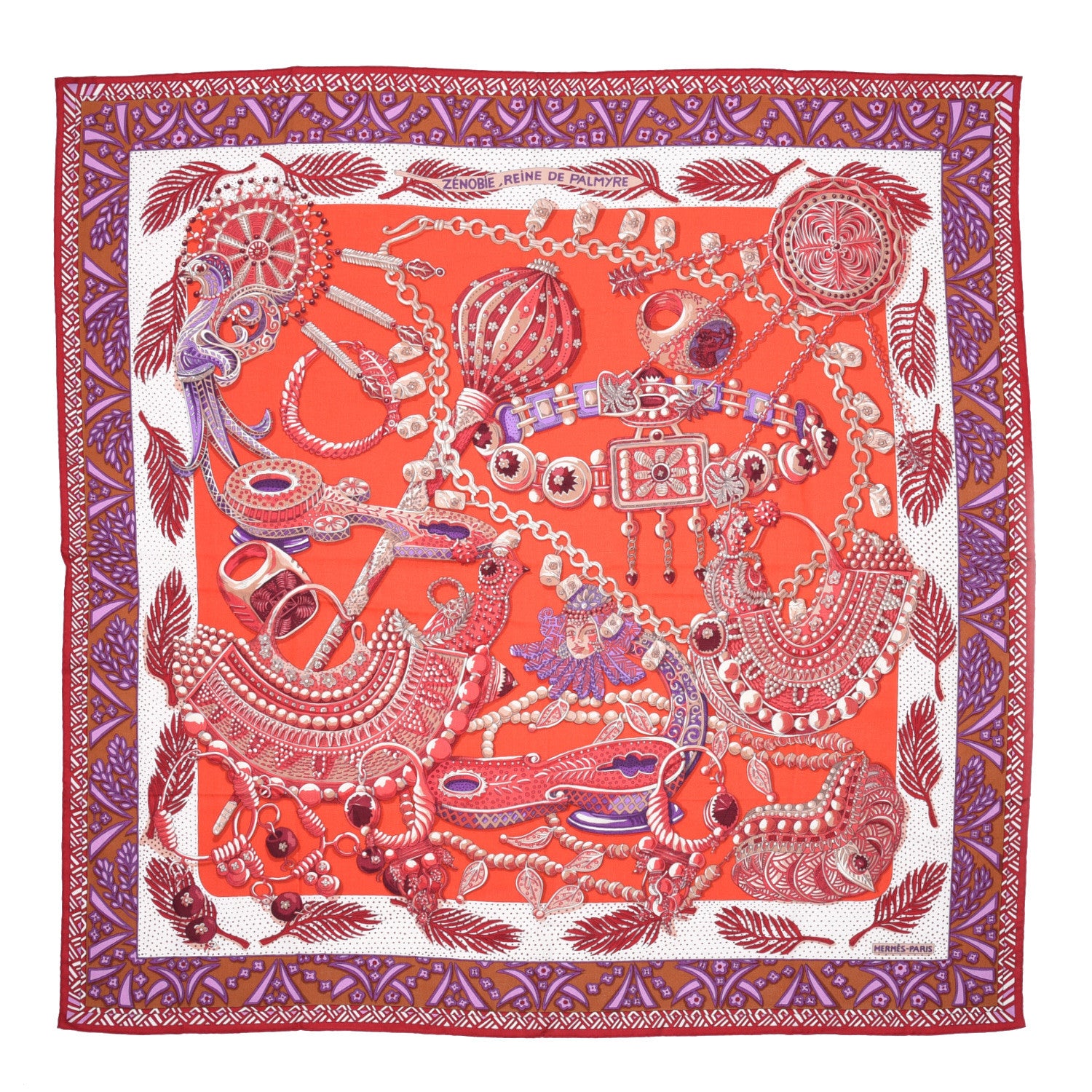 Hermes Cashmere Silk Zenobie Reine De Palmyre Scarf 140 Orange Rouge Violet 1 of 8