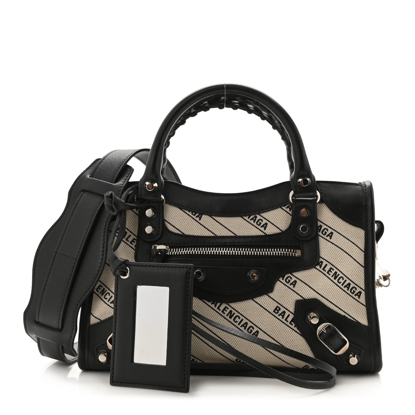 Canvas Satin Calfskin Diagonal Allover Logo Print Classic Silver Hardware Mini City Natural Black