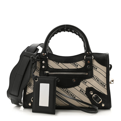 Balenciaga Canvas Satin Calfskin Diagonal Allover Logo Print Classic Silver Hardware Mini City Natural Black 1 of 10