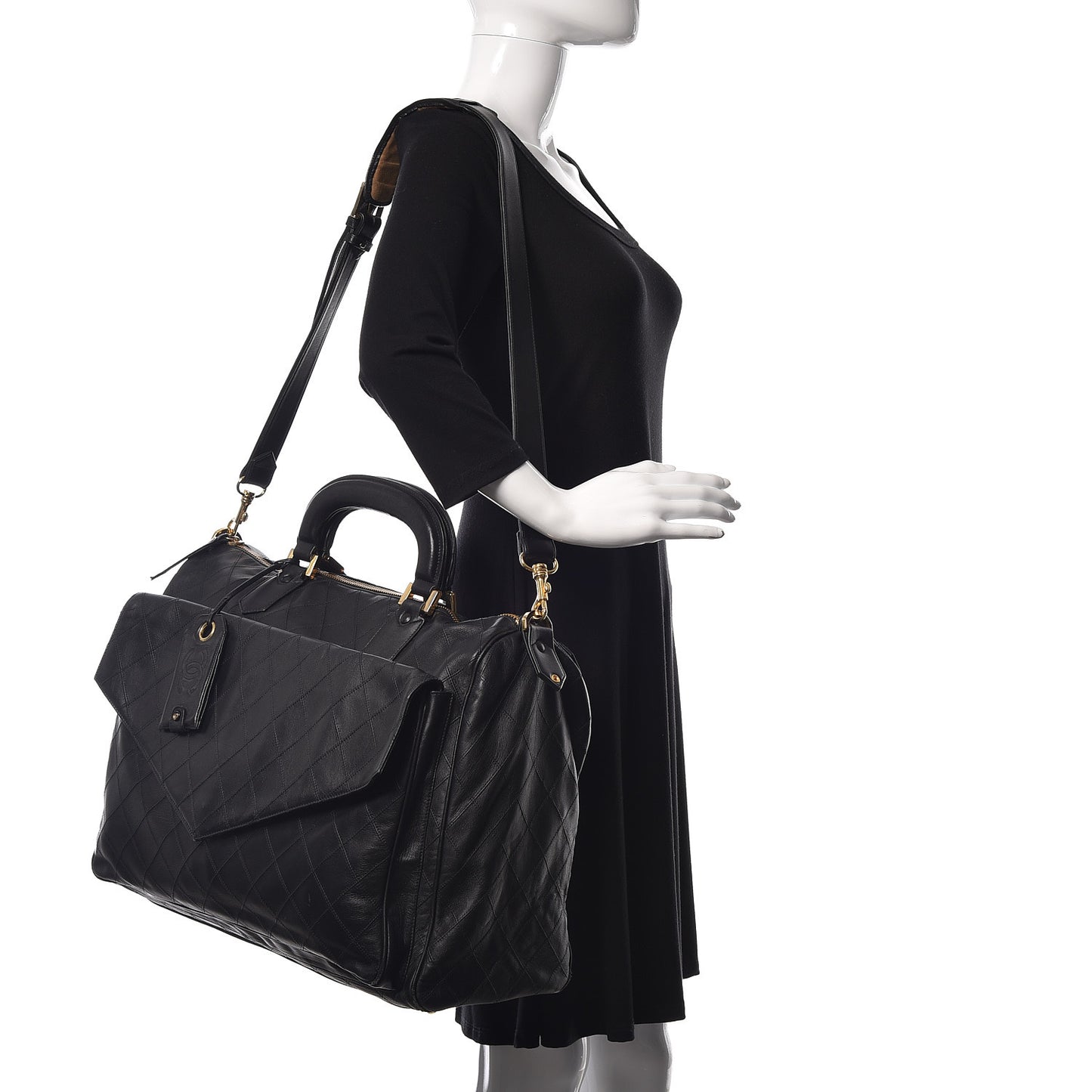 Calfskin Diamond Stitched Duffle Bag Black