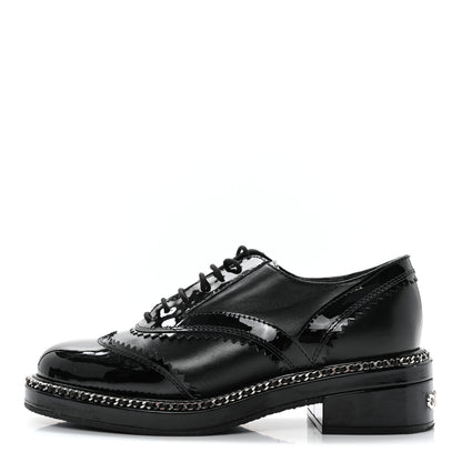 Chanel Lambskin Patent Calfskin CC Brogue Lace Up Oxfords 37 Black 1 of 11