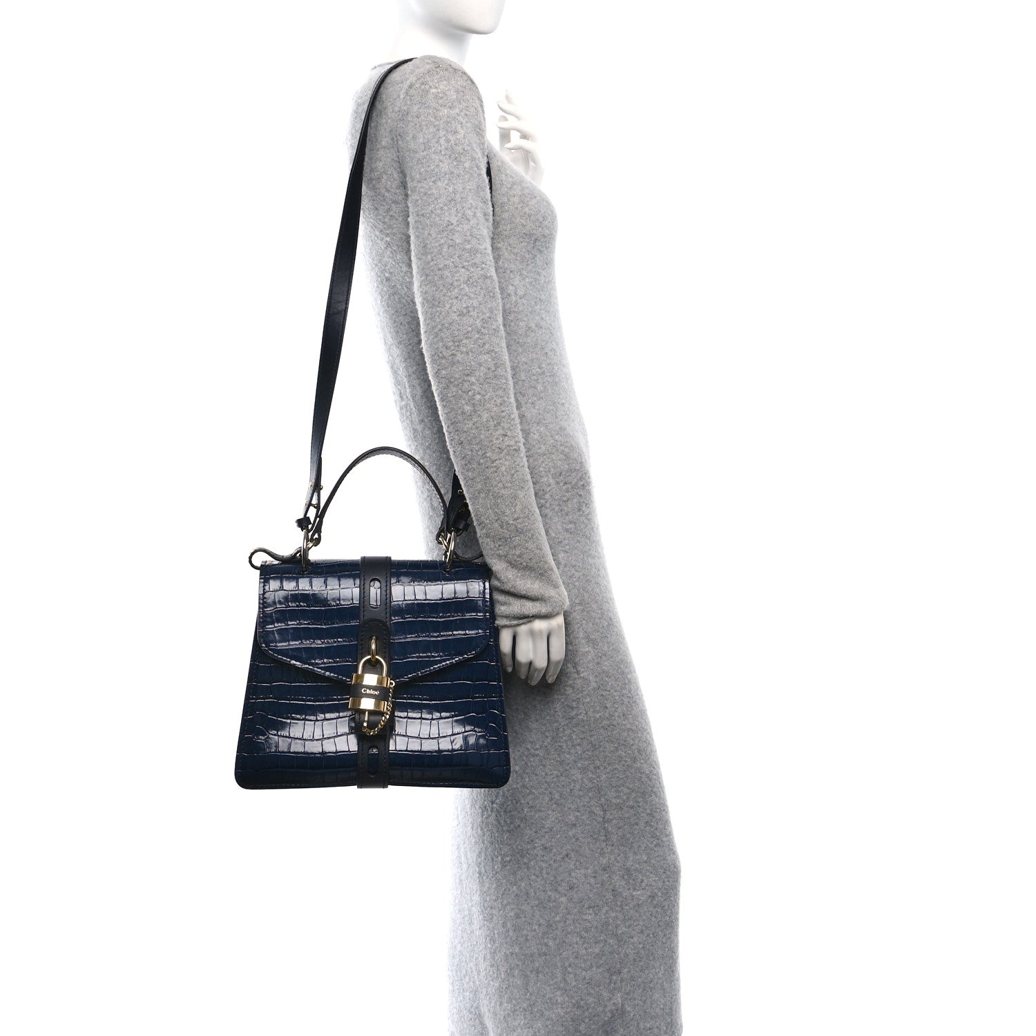 Chloe Calfskin Crocodile Embossed Medium Aby Day Shoulder Bag Full Blue 3 of 9