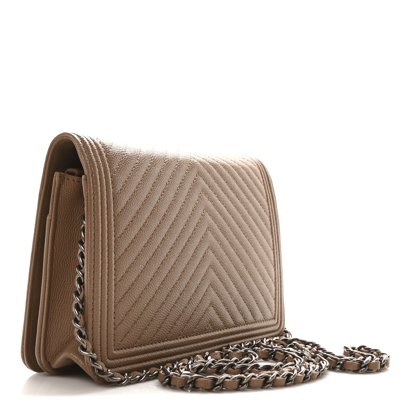 Caviar Chevron Quilted Boy Wallet On Chain WOC Dark Beige
