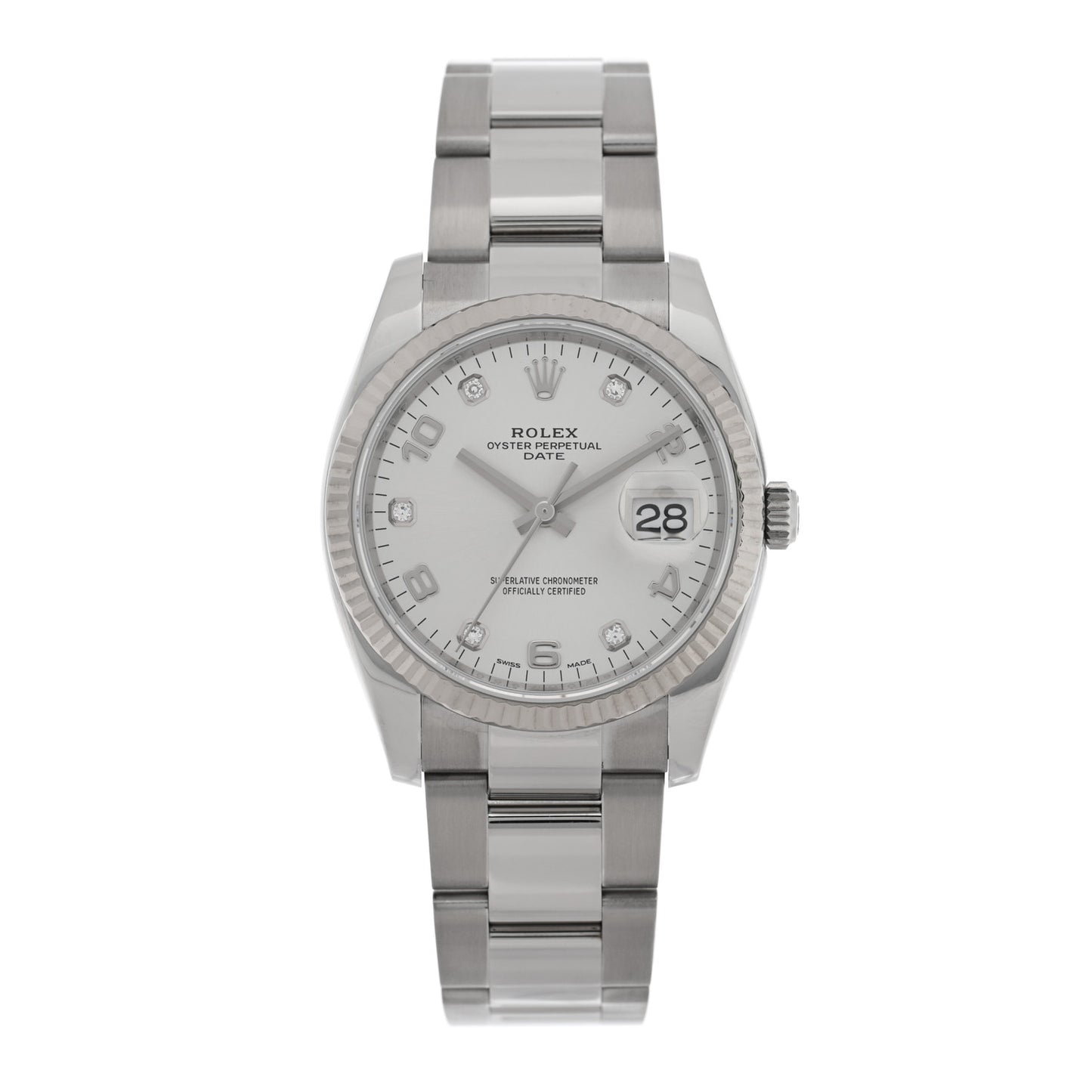 Stainless Steel 18K White Gold Diamond 34mm Oyster Perpetual Date Watch Silver 115234