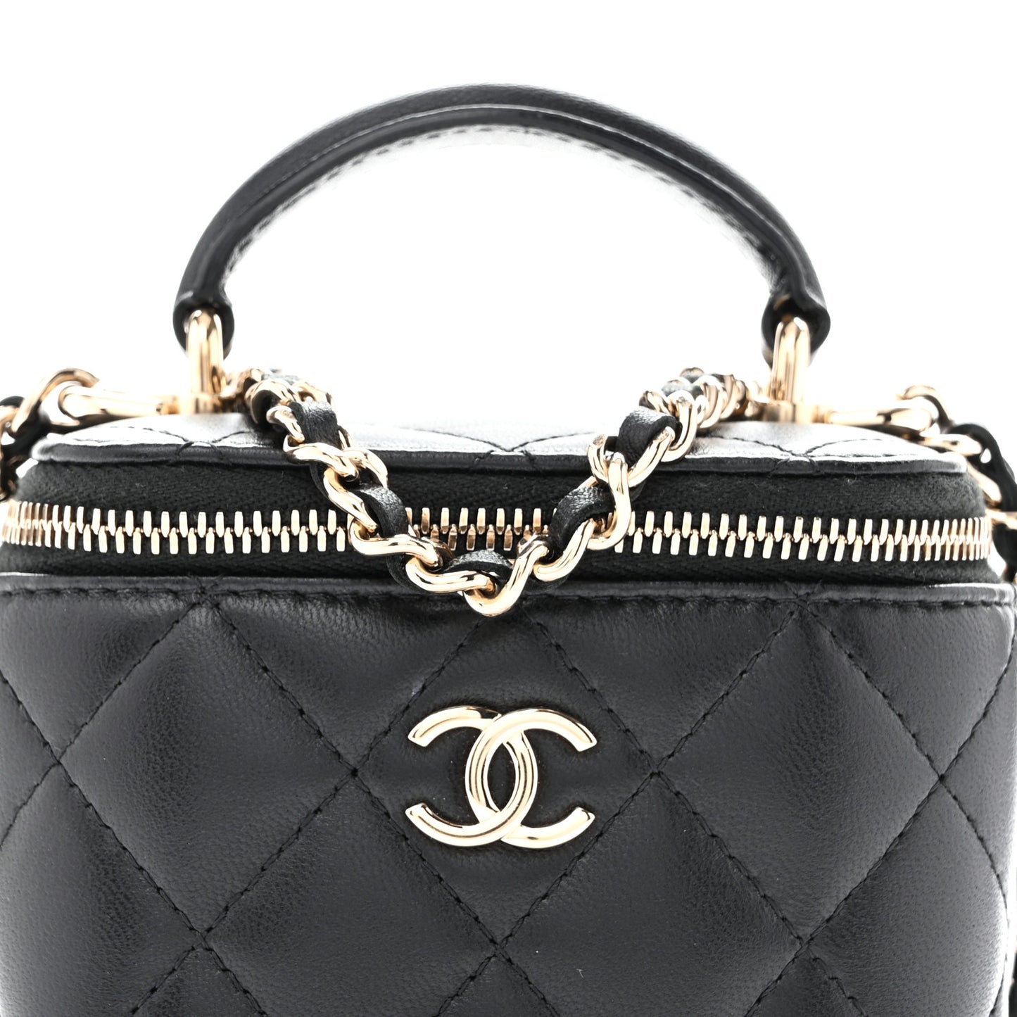 Lambskin Quilted Top Handle Mini Vanity Case With Chain Black