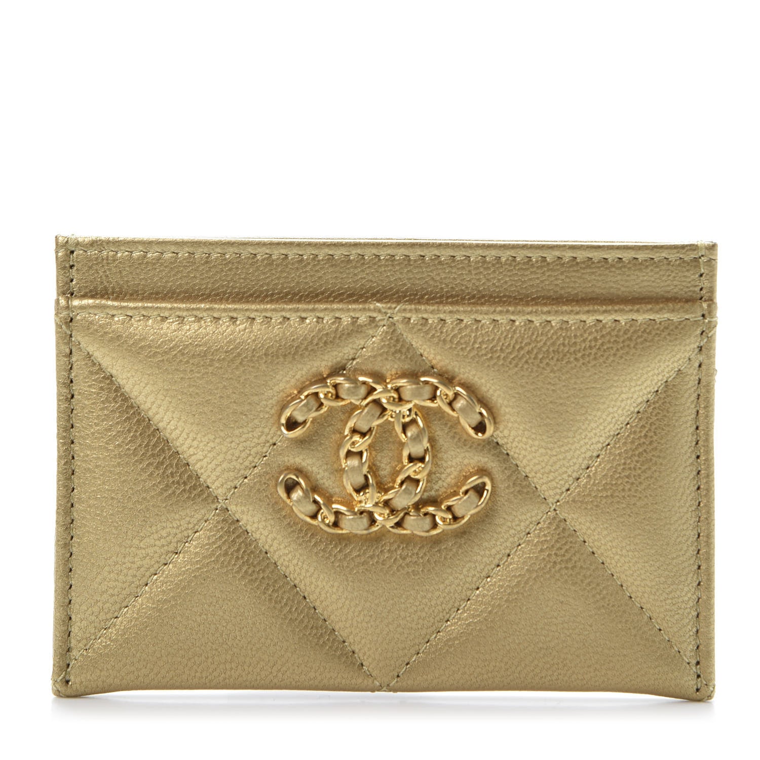 Chanel Metallic Goatskin Quilted Chanel 19 Card Holder Gold 1 of 9