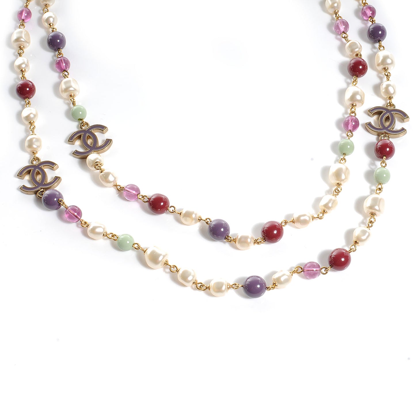 Beaded Pearl CC Long Strand Necklace Gold Multicolor