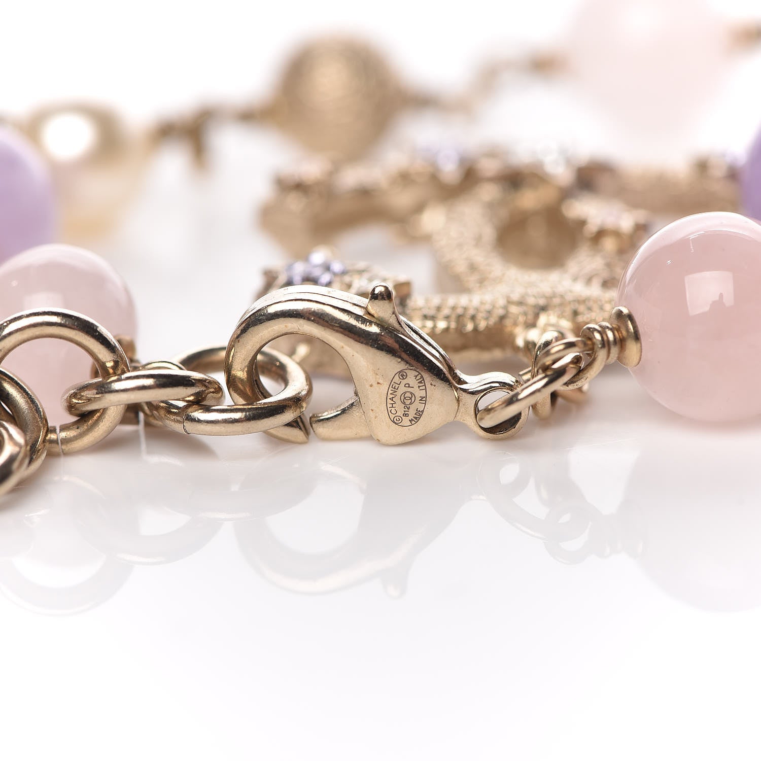 Chanel Pearl Beaded Crystal Star CC Bracelet Purple Gold 4 of 5