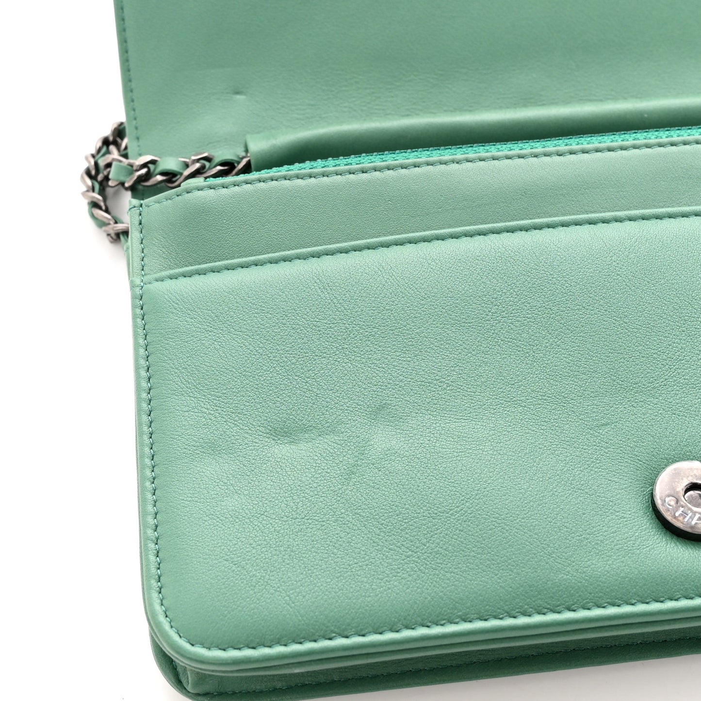 Calfskin Chevron Quilted Braided Boy Wallet On Chain WOC Blue