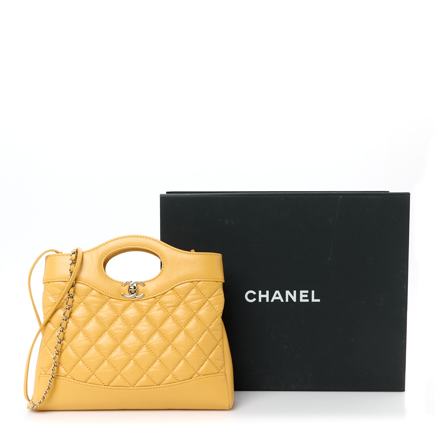 Shiny Crumpled Calfskin Quilted Mini 31 Shopping Bag Yellow