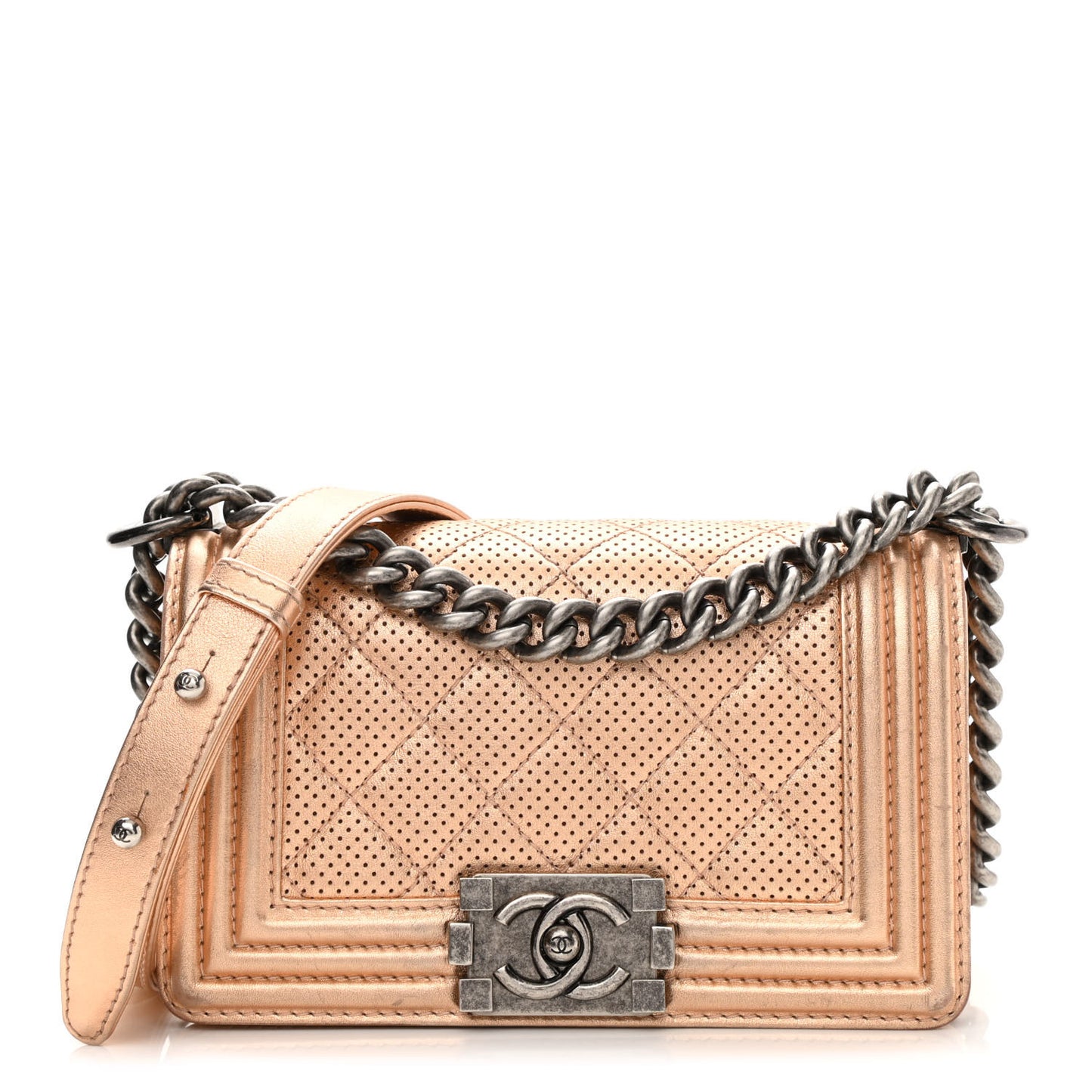 Metallic Calfskin Perforated Small Boy Flap Gold