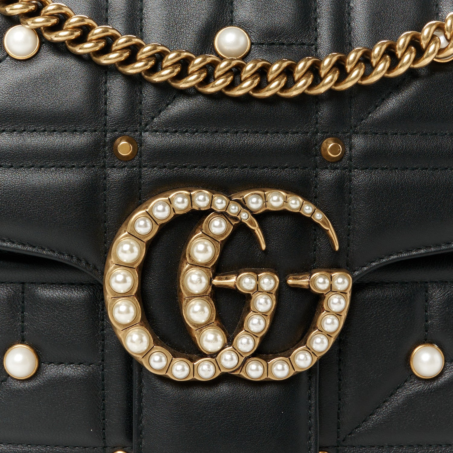 Gucci Calfskin Matelasse Studded Medium Pearly GG Marmont Shoulder Bag Black 9 of 11