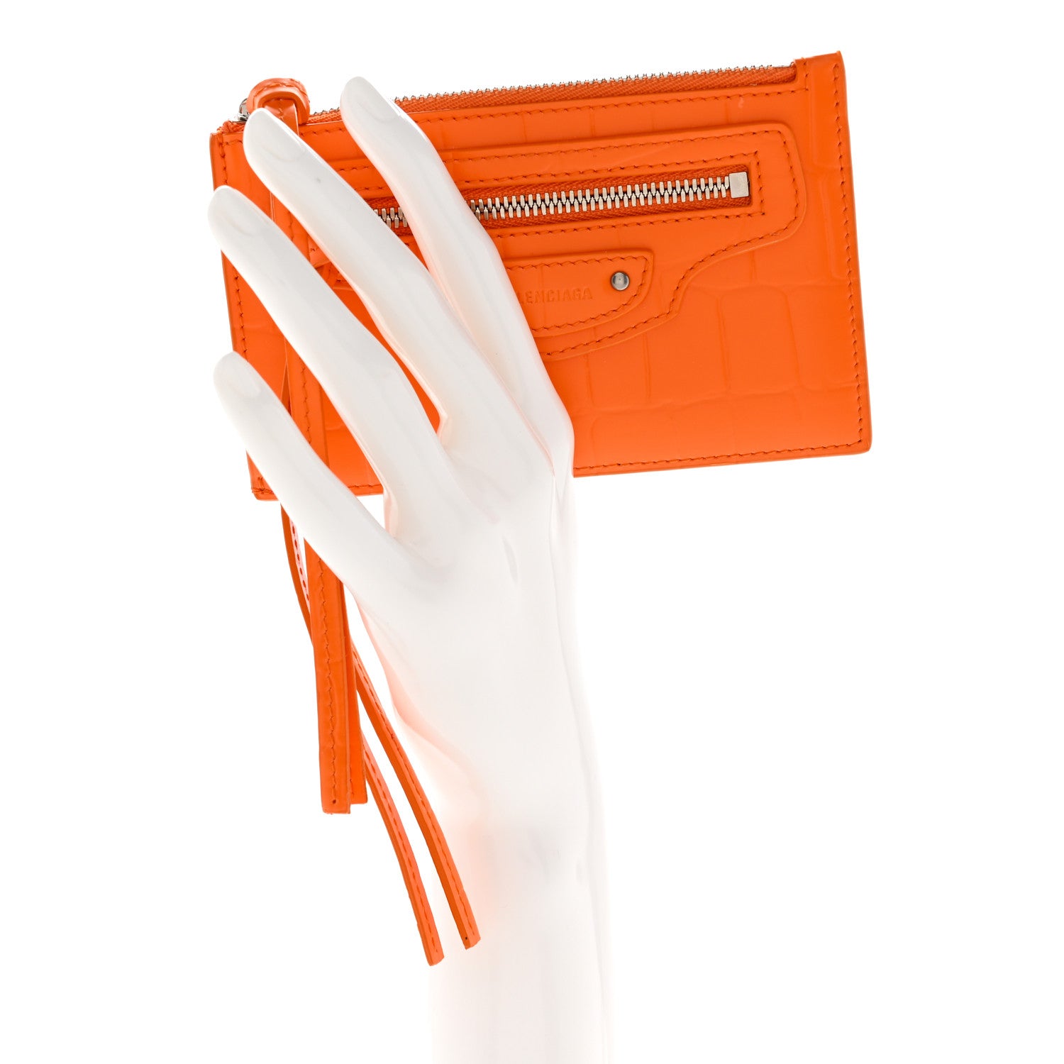 Balenciaga Semi Shiny Calfskin Crocodile Embossed Neo Classic Silver Hardware Long Coin Case Card Holder Orange 2 of 7