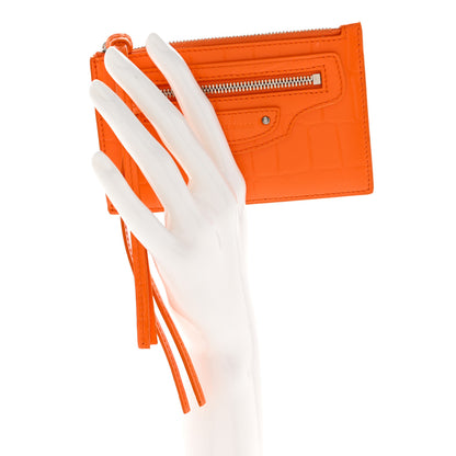 Balenciaga Semi Shiny Calfskin Crocodile Embossed Neo Classic Silver Hardware Long Coin Case Card Holder Orange 2 of 7