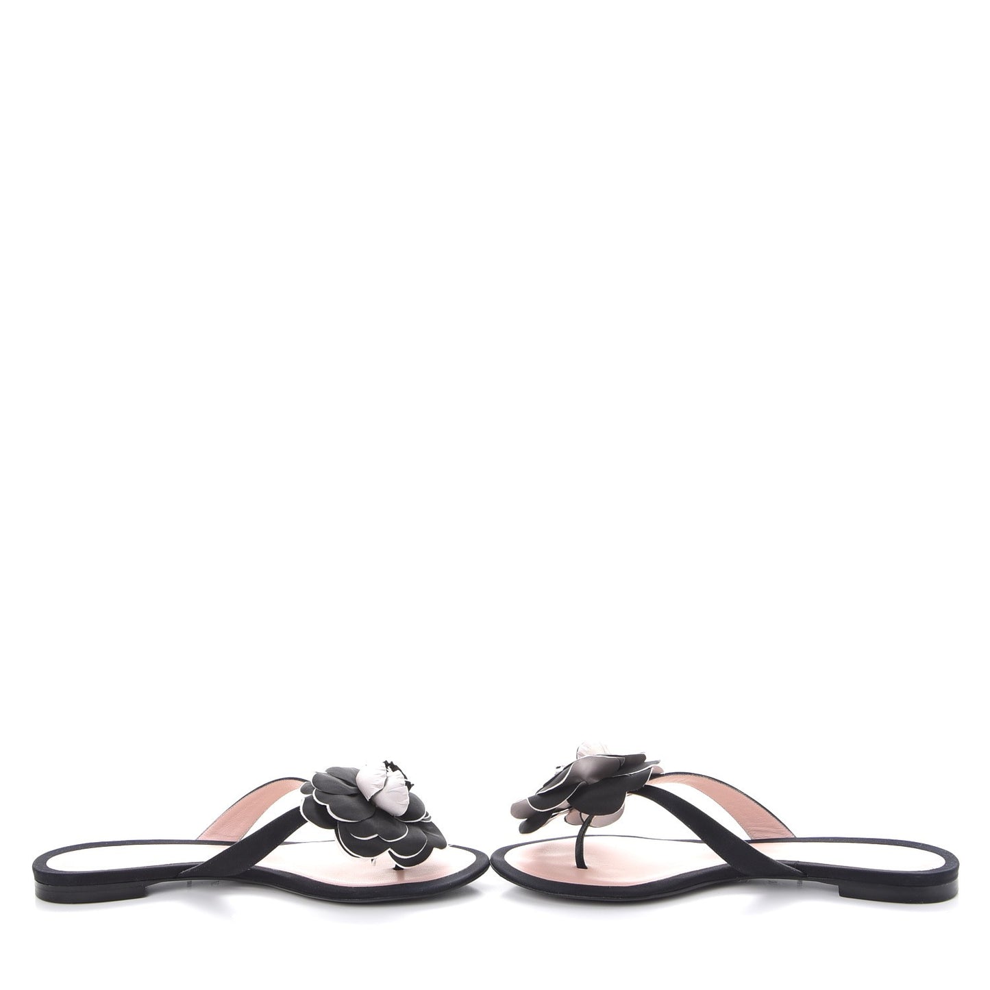 Satin Camellia Thong Sandals 37 Black