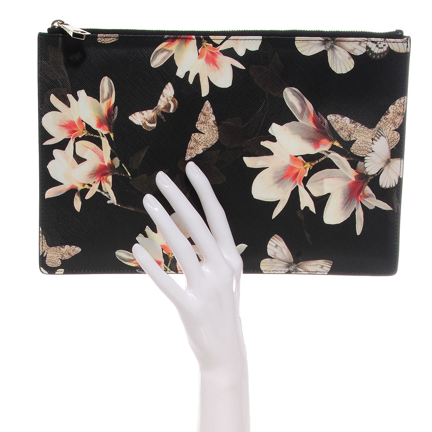 Textured Coated Canvas Magnolia and Moth Print Large Zip Pouch Black