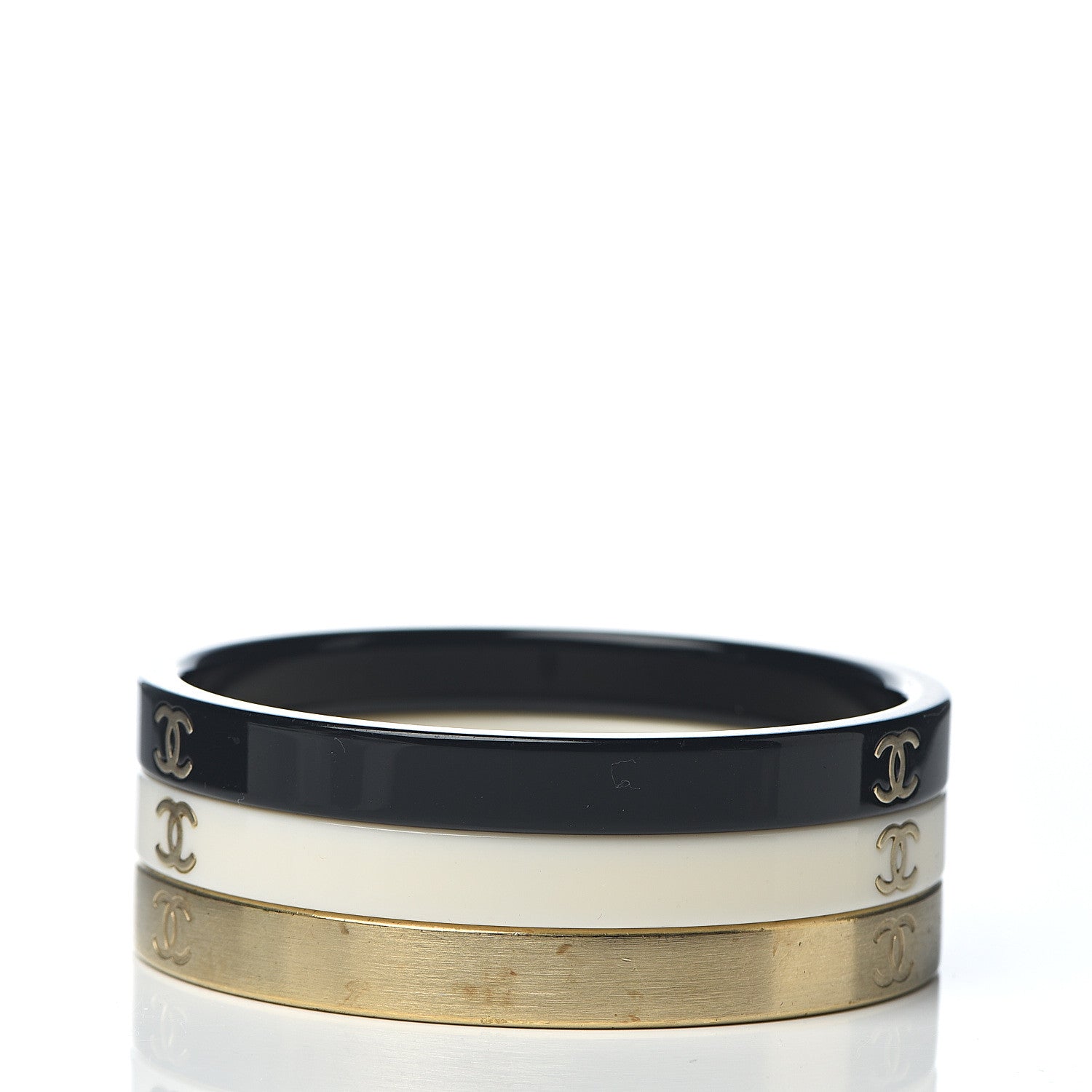 Chanel Resin Metal CC Bangle Set of 3 Black White Gold 3 of 7