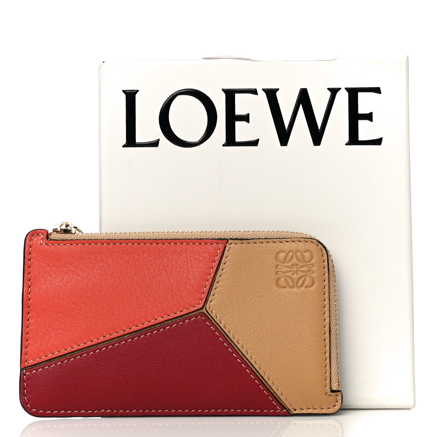 Calfskin Puzzle Colorblock Coin Card Holder Deep Red Dune