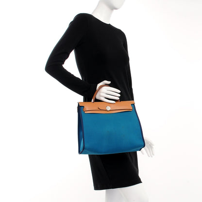 Hermes Vache Hunter Toile Herbag Zip 31 PM Bleu Izmir Natural 3 of 11