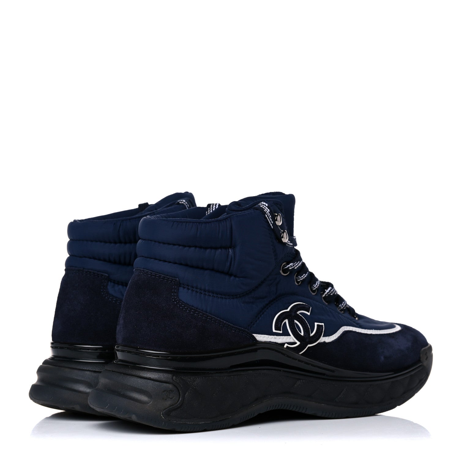 Chanel Fabric Calfskin Suede Womens CC Sneakers 37 Navy 5 of 13