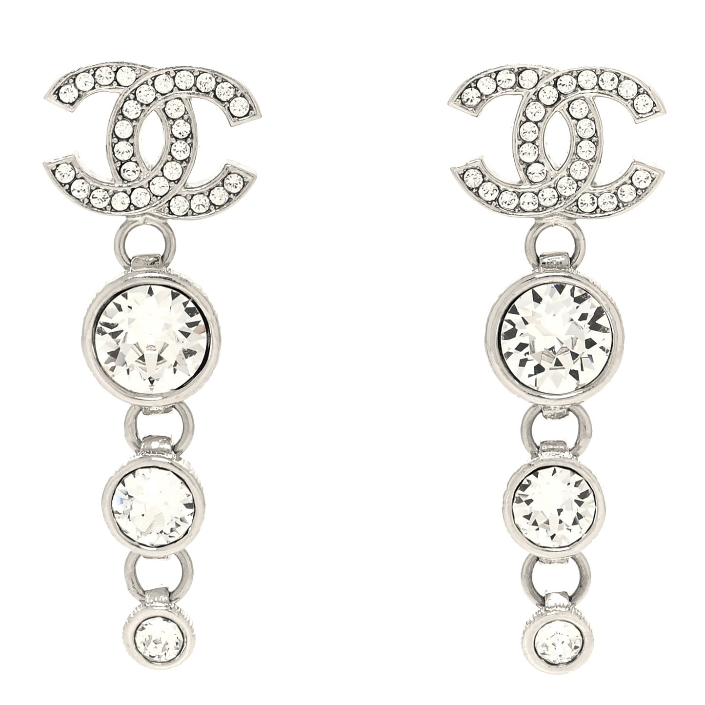 Metal Crystal CC Drop Earrings Silver